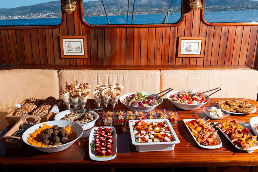 Sail the Saronic Gulf on a 78ft schooner, exploring the stunning islands of Agistri, Moni & Aegina with crystal-clear waters, scenic landscapes, and rich history with Events on Board