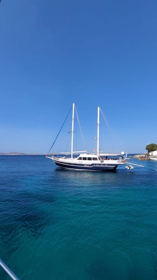 The 89ft gulet cruising the crystal-clear waters of the Aegean Sea on the Delos & Rhenia Islands adventure with Events on Board.