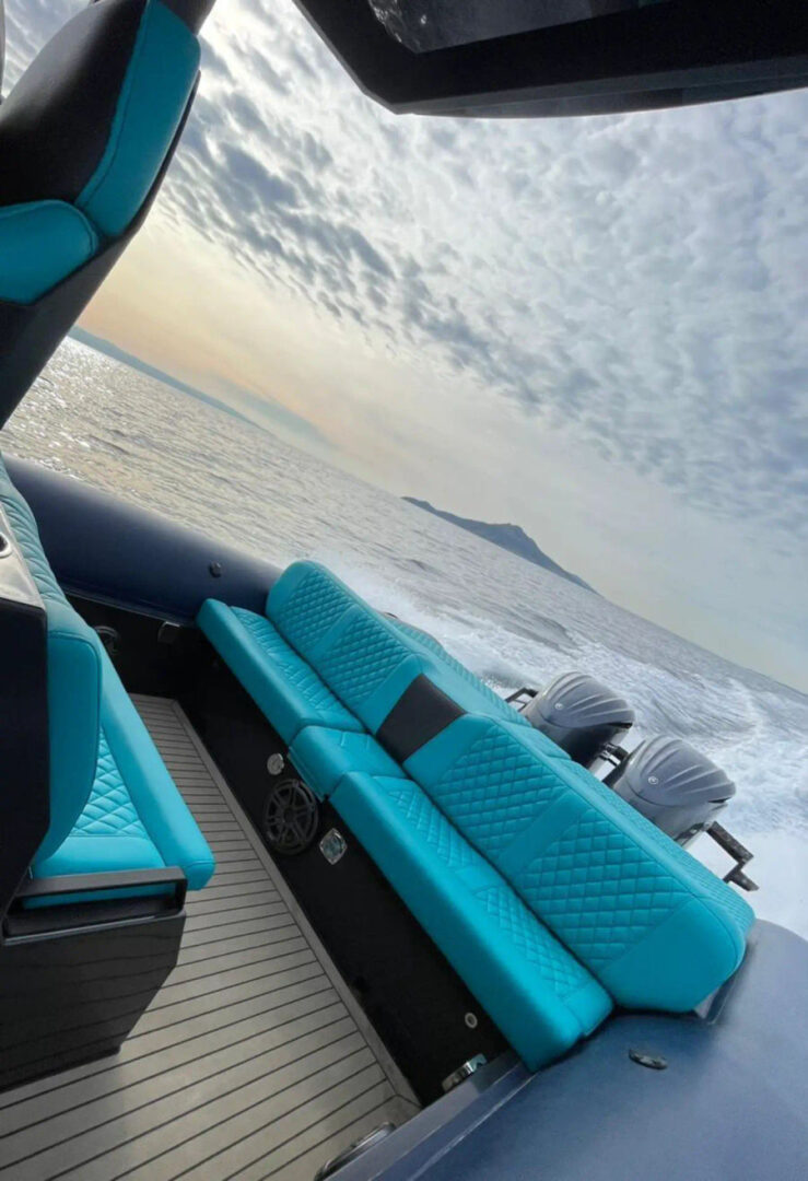 Luxurious seating on the Zen 40 rib boat as it cruises from Mykonos to Paros, part of the island hopping adventure by Events on Board.