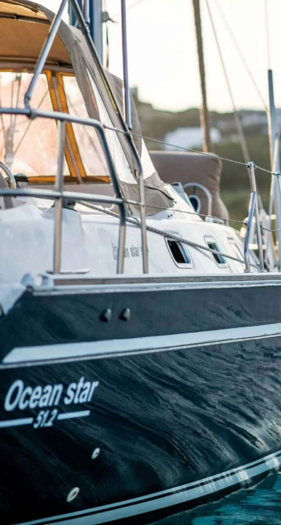 Close-up view of the sleek design of the Ocean Star 51.2 yacht, featured in the Mykonos sailing yacht adventure by Events on Board.