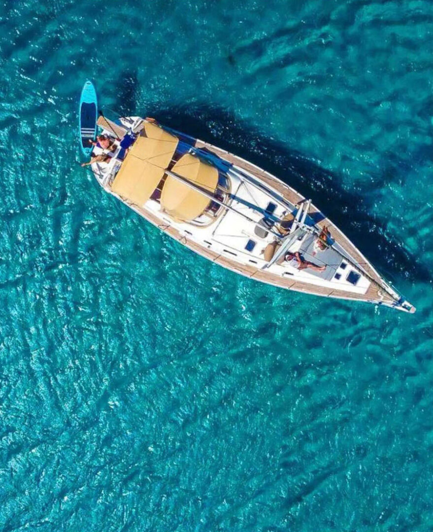 Bird's eye view of the Ocean Star 51.2 yacht sailing in the Aegean Sea, part of the Mykonos sailing yacht adventure event hosted by Events on Board.