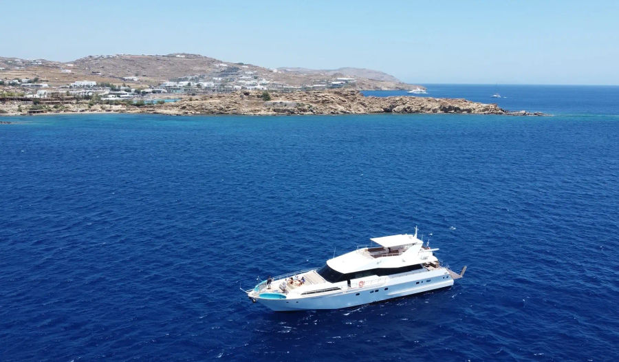 Mykonos Day Cruise with Tecnomarine 92 | Delos, Rhenia & South Coast Beaches Golden Yachting and Sailing
