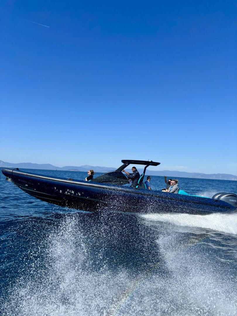 Zen 40 rib boat speeding through the Aegean Sea on a Mykonos to Paros cruise by Events on Board